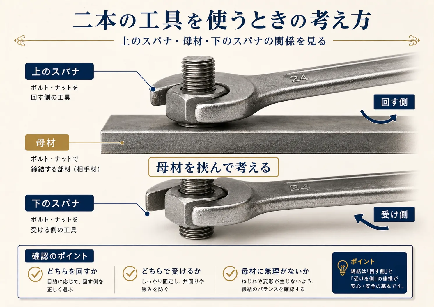 二本の工具を使うときの考え方。上のスパナ、母材、下のスパナの関係を見る図解