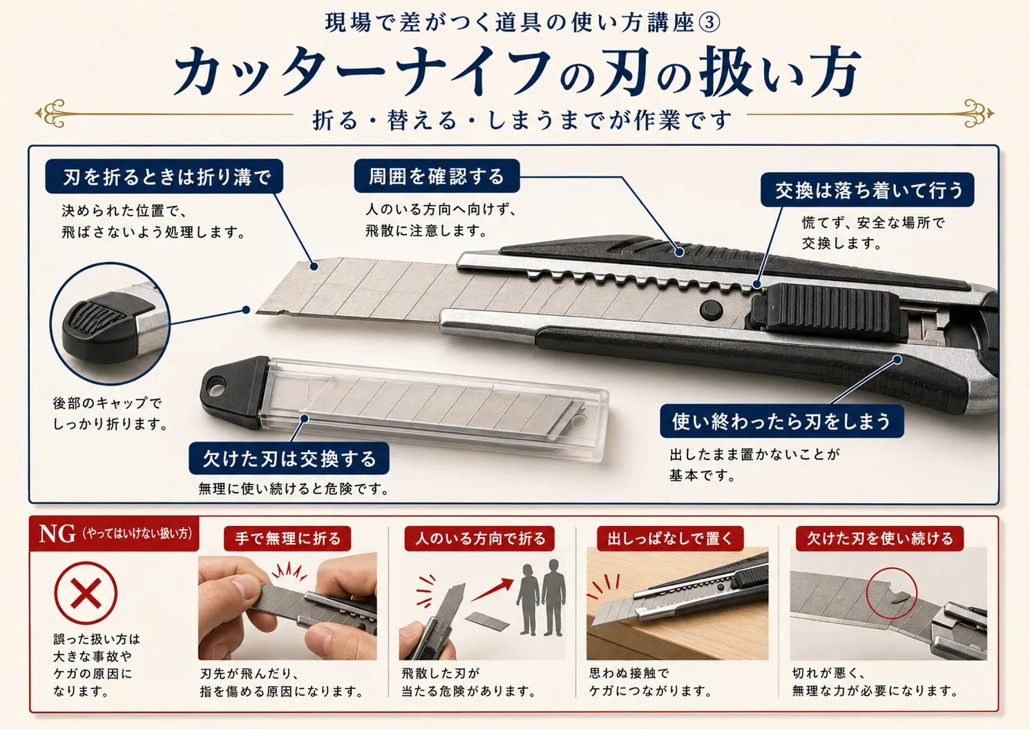 カッターナイフのNG例。刃を出しすぎる、前に手を置く、こじる、欠けた刃のまま使うことを示した図解
