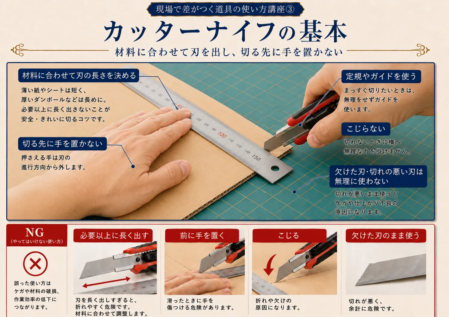 カッターナイフの基本｜材料に合わせて刃を出し、切る先に手を置かない